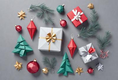 The primary subject of the image is a collection of Christmas ornaments and presents. The ornaments are made of paper and come in various shapes and sizes, while the presents are wrapped in paper and ribbon. The setting is a gray background, which provides a clean and neutral backdrop for the ornaments and presents. The visual style is a combination of digital art and illustration, as the ornaments and presents are carefully crafted and arranged. The colors and mood of the image are predominantly warm and festive, with the red